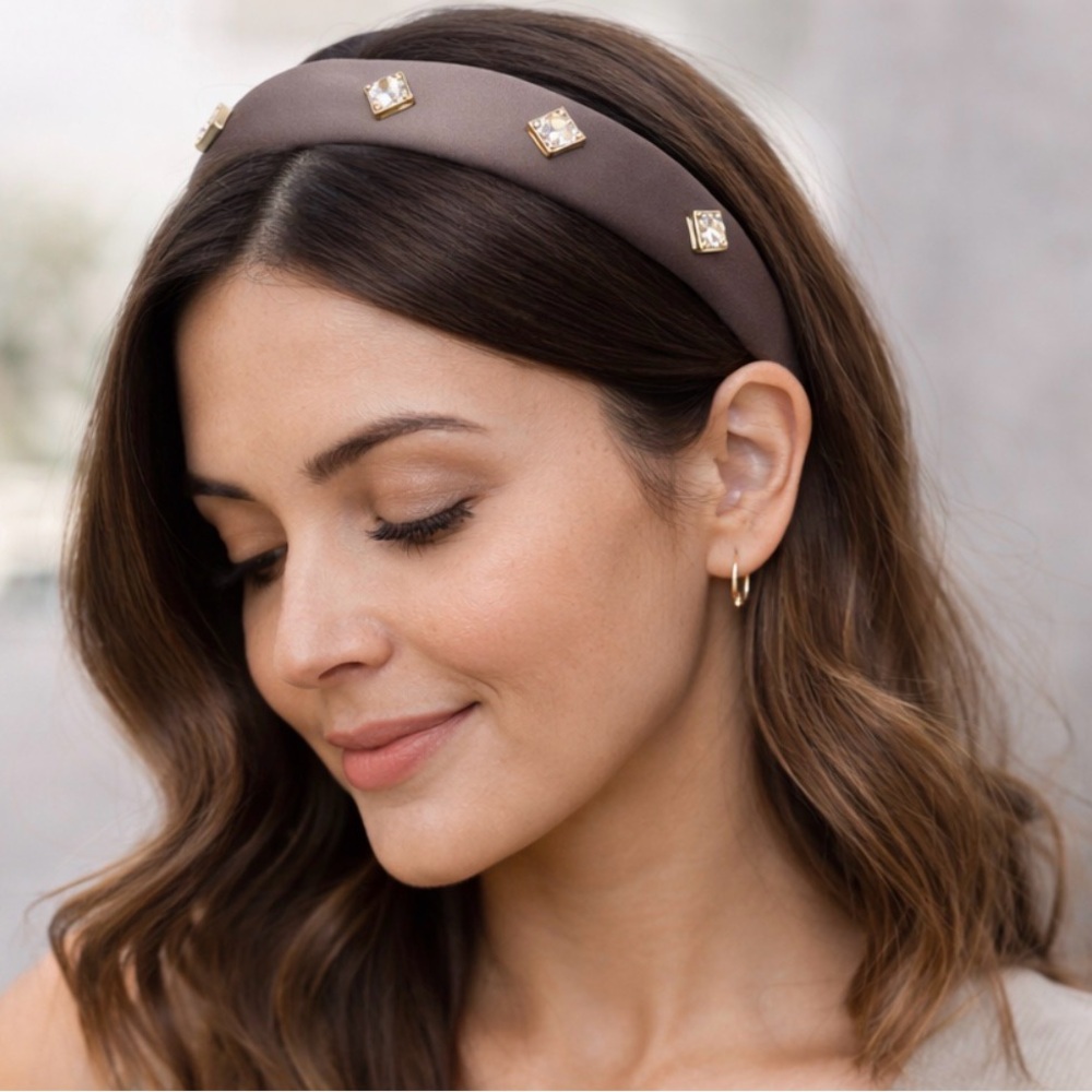 Elegant Taupe Padded Headband w/ Gold-Tone Square Crystal Embellishments Y2K